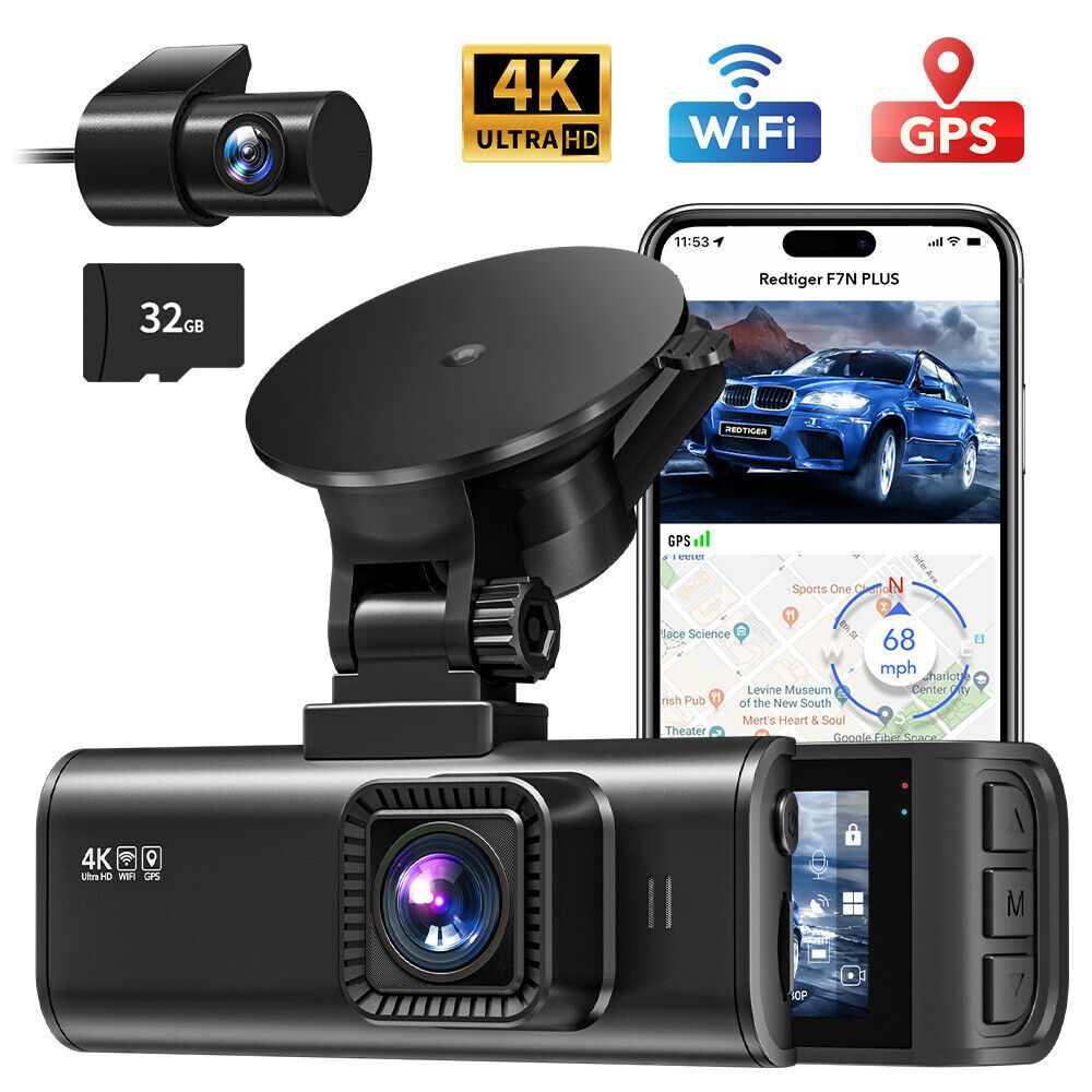 (Official Refurbished) REDTIGER 4K Dual Dash Cam with 32GB SD Card