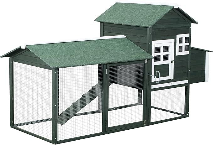 PawHut 84" Wooden Chicken House, Chicken Coop Poultry Hen Cage with Covered Big Run, Green