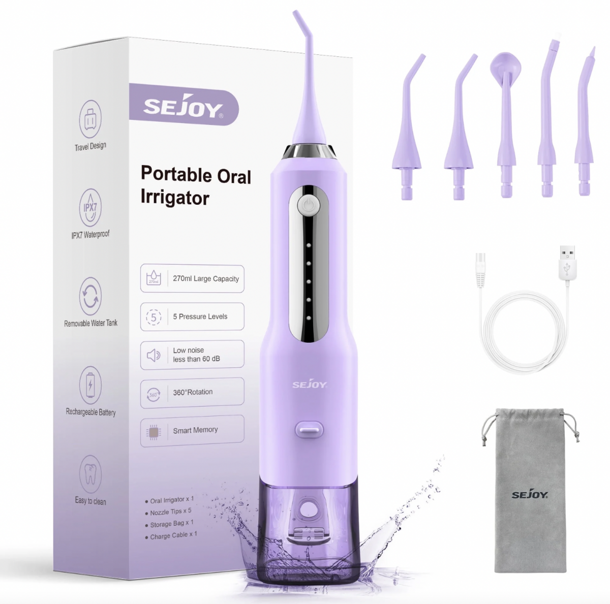 Sejoy Water Flosser, 2023 Water Flossers for Teeth Rechargeable, Oral Irrigator for Home Travel Office, 270ml IPX7 Waterproof 5 Cleaning Modes and 5Jet Tips, Easy-to-Clean,Purple