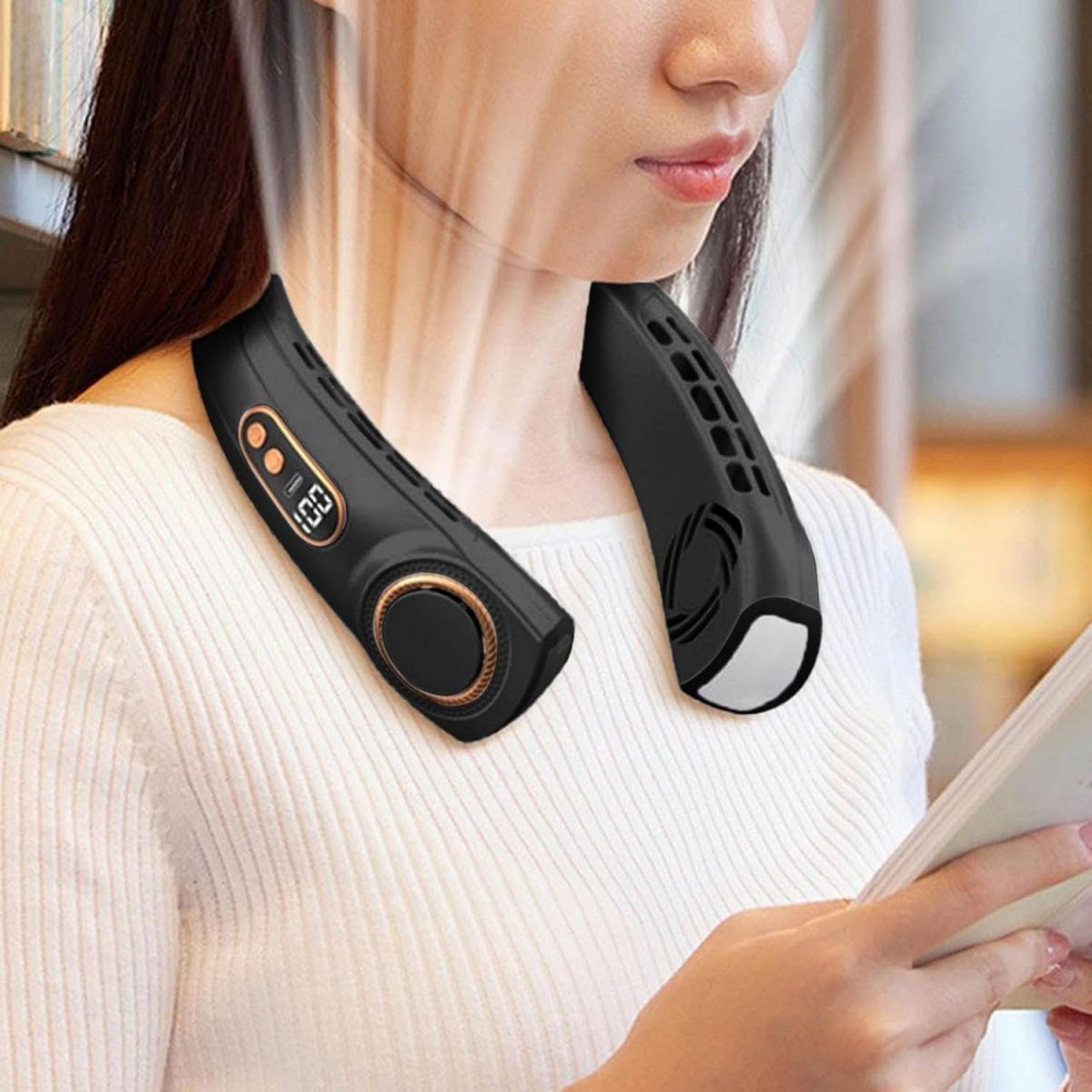 Generic Wearable Sports Neck Fan with 5 Speeds Seven-Color Light Quiet Bladeless Design and USB Type-C Charging