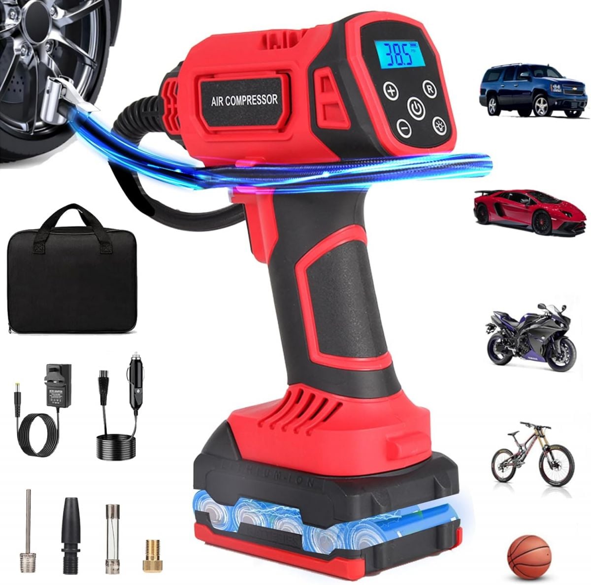 GUDENZE QuickCharge 20V Cordless Tire Inflator with Rechargeable Battery High-Speed Portable Air Compressor and Digital Display for Vehicles and Sports Equipment