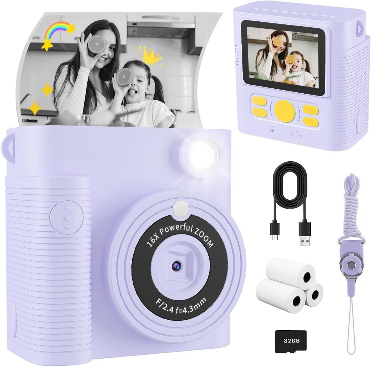 FKATEEN Kids Instant Print Camera for Ages 3-12 HD Digital Video and Photo Camera with Print Paper