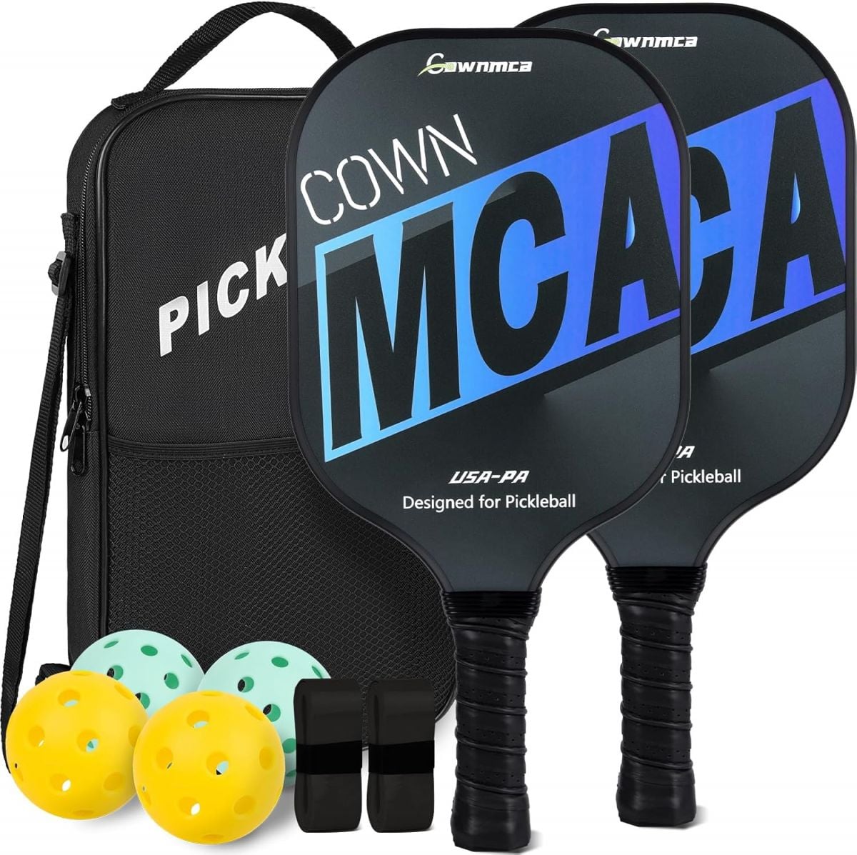 Cownmca Fiberglass Pickleball Paddle Set with 2 Rackets 4 Balls 2 Grip Tapes and 1 Carry Bag