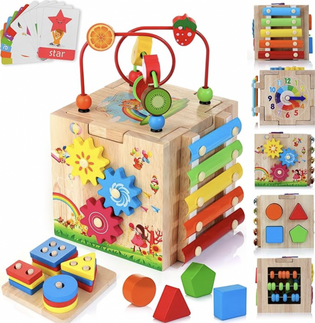 HELLOWOOD Wooden Activity Cube, 8-in-1 Montessori Toys for 1+ Year Old Boys & Girls, Educational Learning Toys for Toddlers Age 1-2, First Birthday Gift | Bonus Sorting & Stacking Board and Word Cards