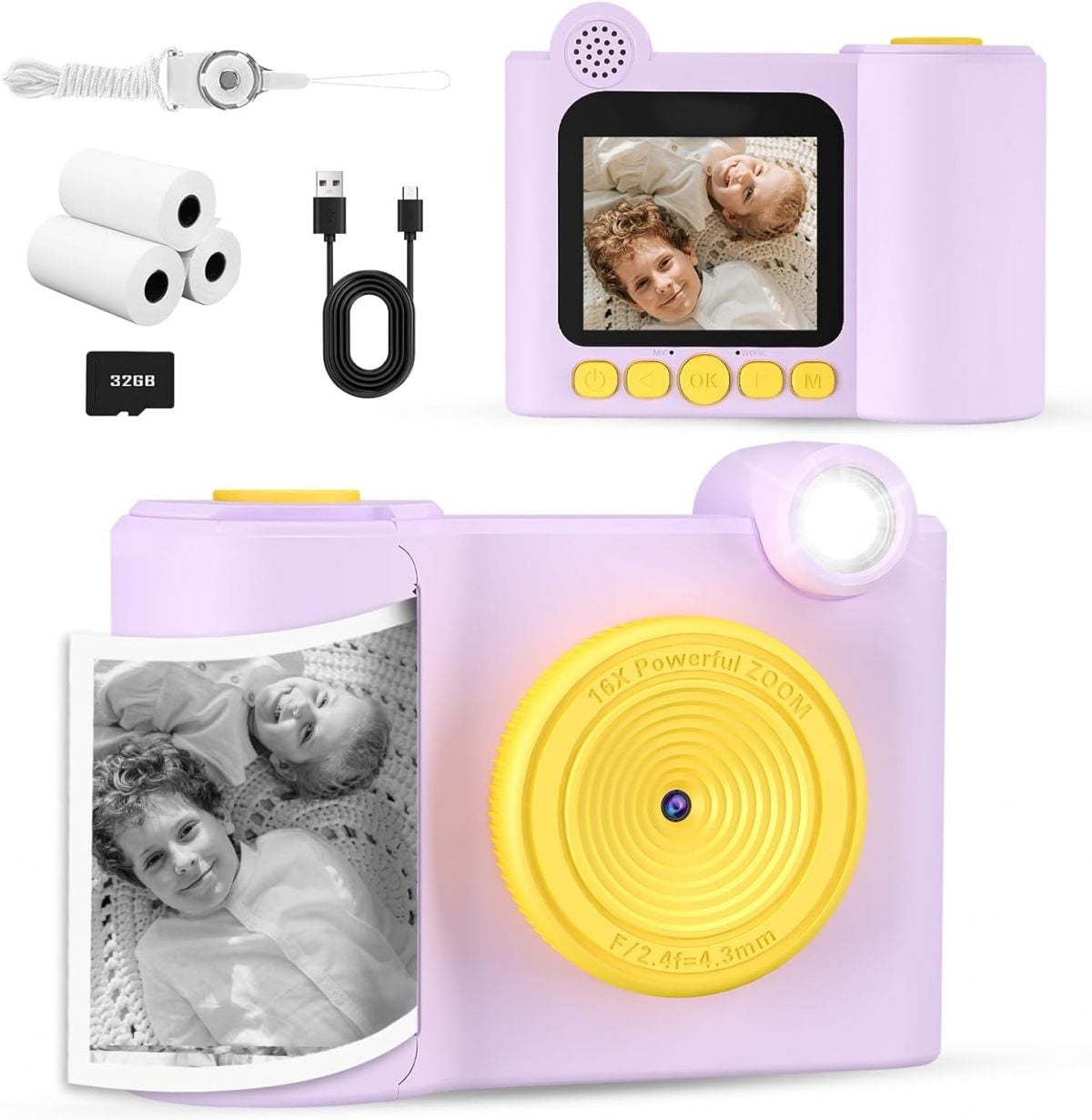 YKSLEMON Instant Print Digital Camera for Kids 1080P with 32GB SD Card Perfect Christmas and Birthday Gift for Ages 4 to 10