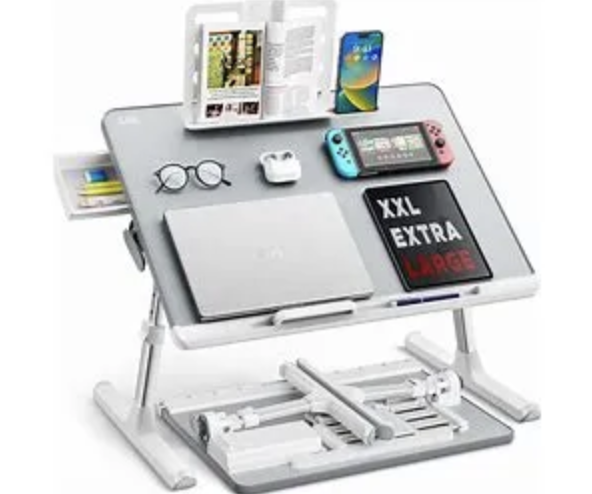 Laptop tray, SAIJI 60*45cm Table lap for bed, Multi-purpose Premium Lapdesk, Height Angle adjustable, with Book Stand, Drawer, Tablet slot, for Eating, Working, Writing, Gaming, Drawing (Light Grey)