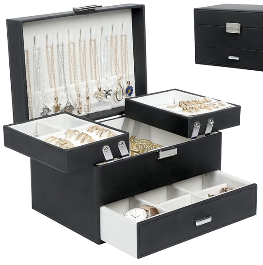 Dajasan Jewelry Boxes for Women Girls, Jewelry Organizer Box, 3 Layers Jewelry Storage Organizer for Earring, Ring, Necklace, Bracelets (Black)