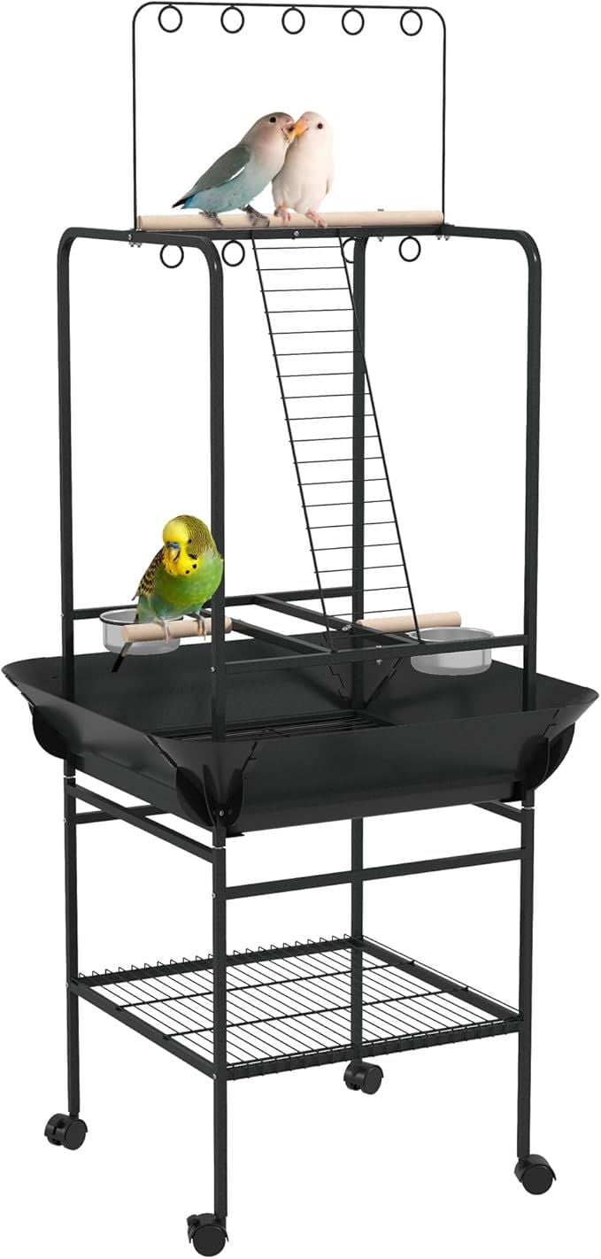 PawHut Bird Play Stand with Wheels, Perches, Stainless Steel Feed Bowls, Pull-Out Tray, Toy Hanger, Dark Gray