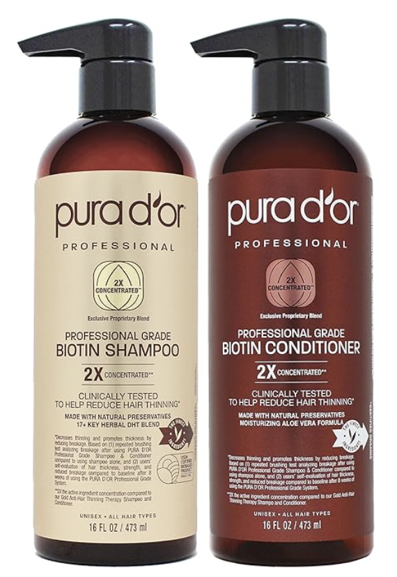 PURA D'OR Professional Grade Biotin Anti-Hair Thinning Shampoo & Conditioner, CLINICALLY TESTED Proven Results, 2X Concentrated DHT Blocker Thickening Products For Women & Men, Sulfate Free, 16oz x 2