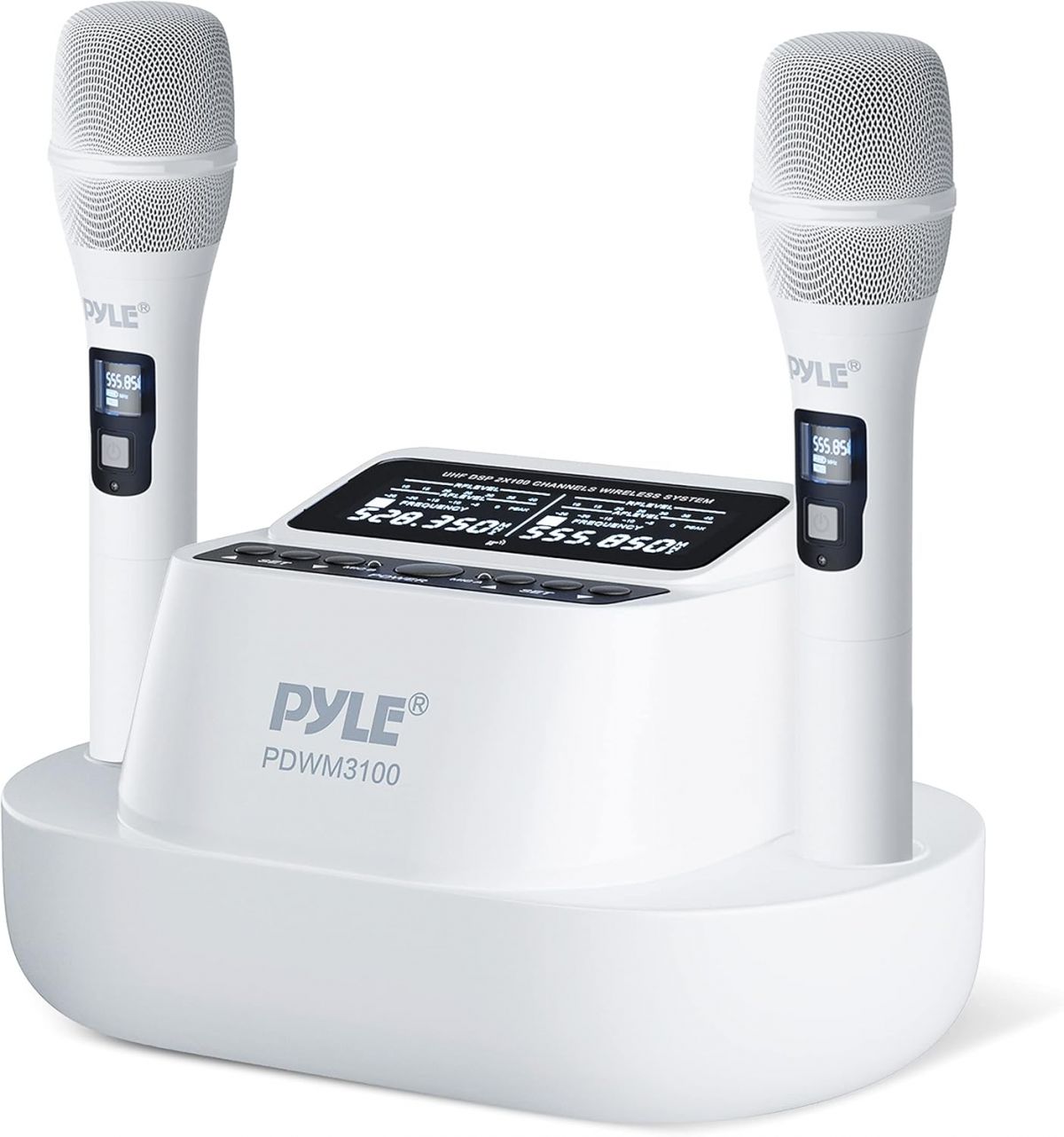 Pyle Dual Rechargeable Cordless Handheld Microphone System with 2×100 Channel Receiver