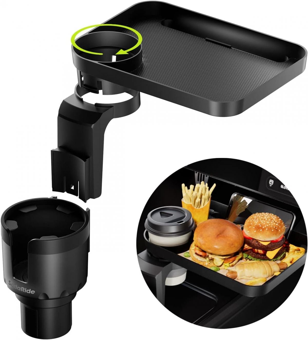 SodaRide Multipurpose Car Cup Holder with Removable Food Tray and Sturdy Base
