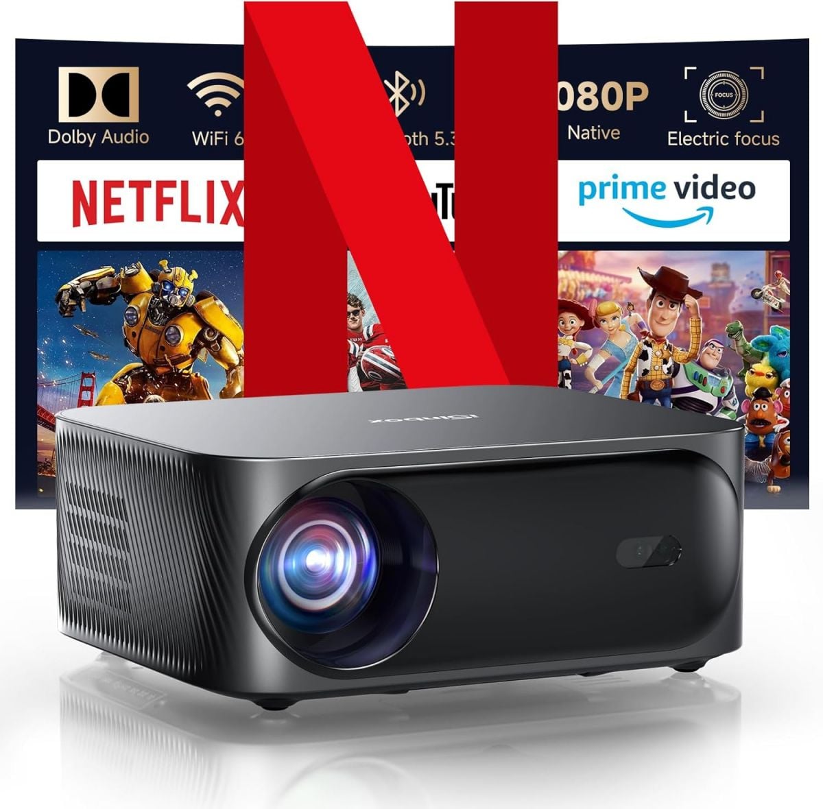 iSinbox Netflix-Licensed Smart Outdoor Projector with Dolby Audio 1080P 700 ANSI WiFi 6 Bluetooth Electric Focus