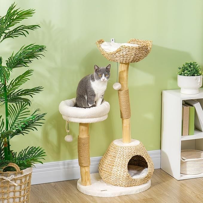PawHut Cat Tree with Wooden Scratching Posts, Condo, Beds & Toy Balls, Cream White