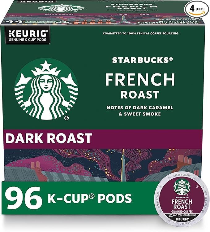 Starbucks K-Cup Coffee Pods, Dark Roast, French Roast for Keurig Brewers, 100% Arabica, 4 boxes (96 pods)