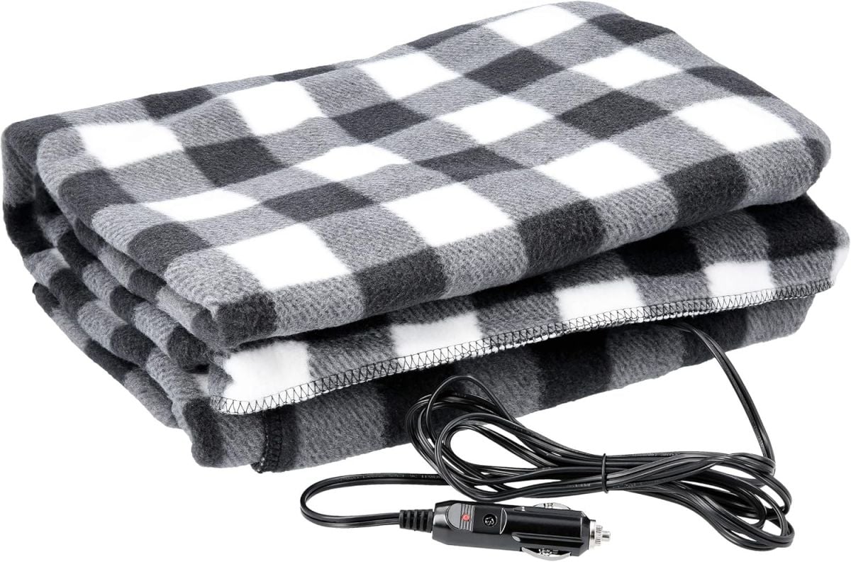 Stalwart Portable 12V Heated Car Blanket Cozy Black Plaid Throw for Cars Trucks RVs
