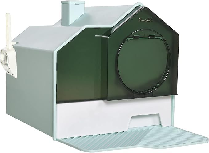 PawHut Hooded Cat Litter Box with Kitty Litter Mat, Odor Control, Easy-Clean Pull-Out Drawer, Handle, Scoop, Light Blue