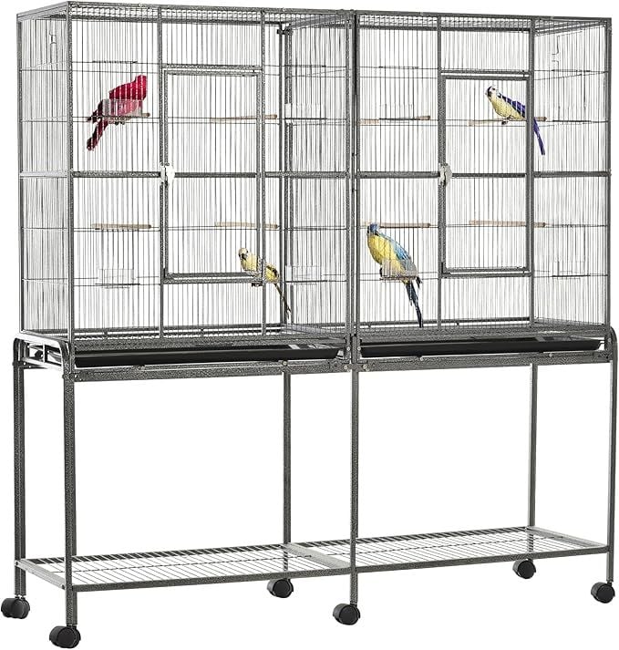 PawHut Double Rolling Metal Bird Cage Feeder with Detachable Rolling Stand, Storage Shelf, Wood Perch and Food Container, Thanksgiving Day Promotions