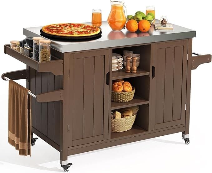 YITAHOME XL Solid Wood Grill Cart Outdoor Storage Cabinet Movable Patio Bar Table