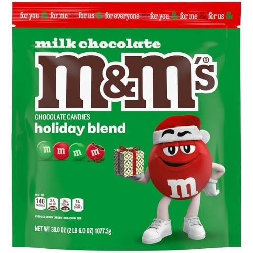 M&M's Milk Chocolate Candies with Resealable Bag, Red and Green Holiday Blend, Christmas Candy Bulk Assortment, 38 oz