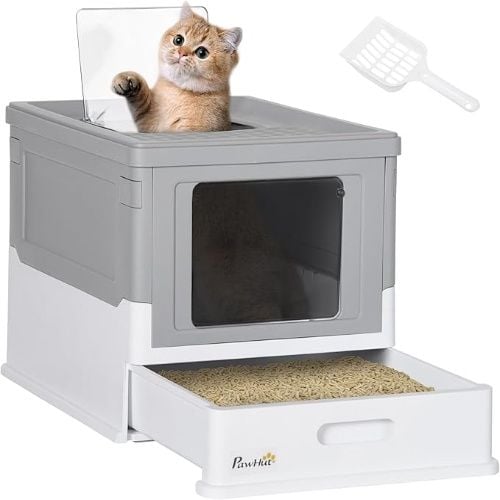 PawHut Fully Enclosed Foldable Portable Cat Litter Box with Scoop, Drawer Type Tray, Smell Proof, Front Entry, Top Exit, Large Space, Gray