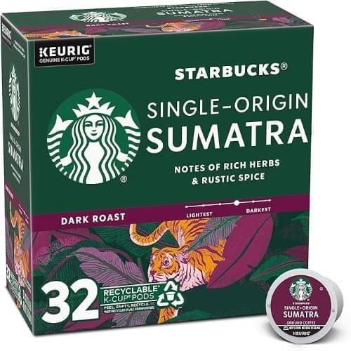 Starbucks K-Cup Coffee Pods, Single-origin Sumatra, Dark Roast, 1 Box (32 Pods)