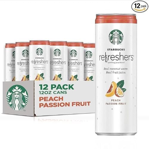 Starbucks Refreshers Peach Passion Fruit with Coconut Water, Sparkling Juice Blend, 12 OZ Cans (12 Pack)