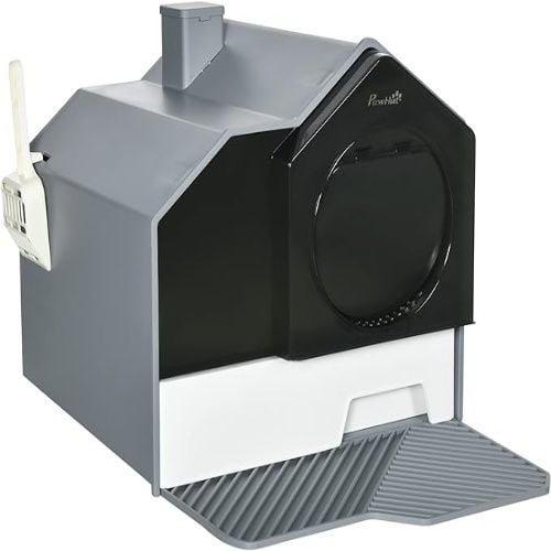 PawHut Hooded Cat Litter Box, Kitty Litter Mat, Easy-clean Pull-out Drawer, Handle, Scoop, Gray