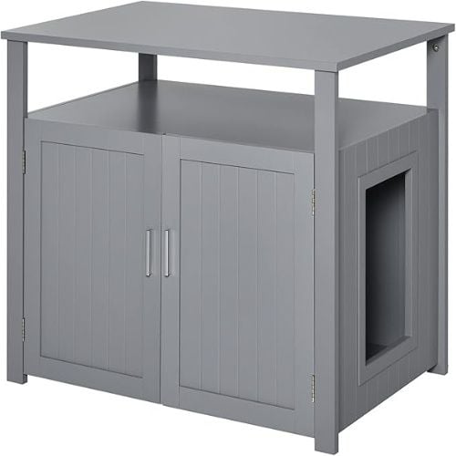 PawHut Wooden Cat Litter Box with Adjustable Partition, Cat Washroom End Table with Open Shelf, Gray