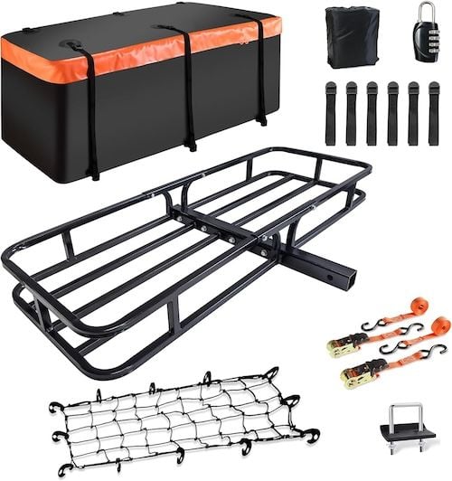 MeeFar Hitch Cargo Basket 53" x 19" with 15 Cubic Feet Waterproof Bag 500 Lbs