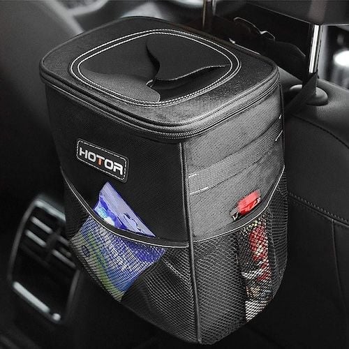 HOTOR Leak-Proof Car Trash Bin with Lid and Storage Pockets Waterproof 2 Gallon