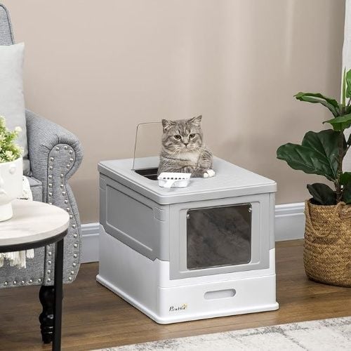 PawHut Fully Enclosed Cat Litter Box, Front Entry and Top Exit, Plastic, Gray and White