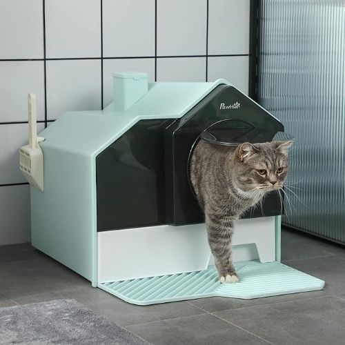 PawHut Hooded Cat Litter Box with Mat, Litter Particle Catching, Light Blue