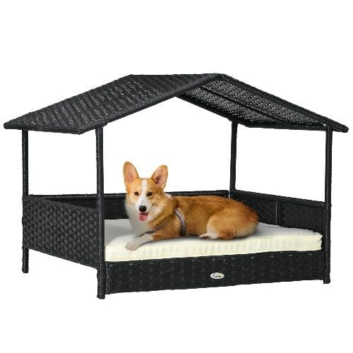 PawHut Wicker Dog House, Removable Cushion Lounge, Cream White