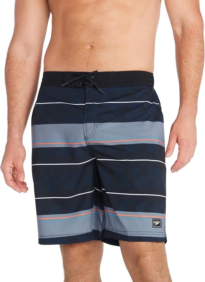Speedo Men's Bondi Striped Knee-Length Swim Trunks Rock Grey