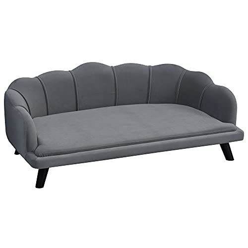 PawHut Pearl Design Pet Sofa with Cushion and Solid Wood Legs, Charcoal Gray