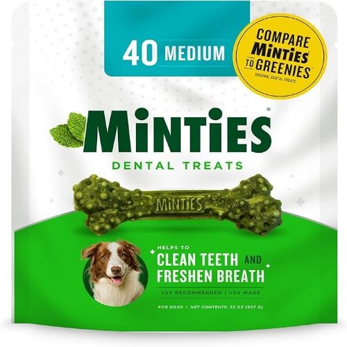 Minties Dental Chews for Dogs, Vet-Recommended Mint-Flavored, Dental Bones Clean Teeth, Fight Bad Breath and Removes Plaque and Tartar, 25-50 lbs, 40 Count