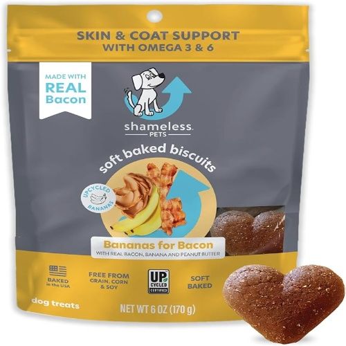 Shameless Pets Soft-Baked Biscuits, Bananas for Bacon, Skin and Coat Support with Omega 3 & 6, Free from Grain, Corn and Soy, 6 oz, 1 Pack