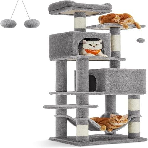 Feandrea Plush Multi-Level Cat Tree with 5 Scratching Posts, 2 Perches, 2 Caves, Hammock, 2 Pompoms, 61-Inch, Light Gray
