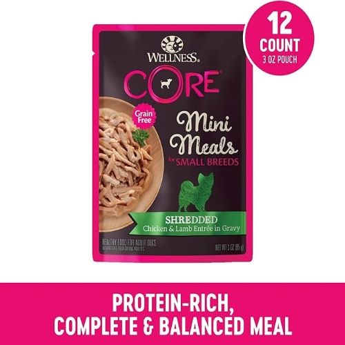 Wellness CORE Natural Grain Free Wet Dog Food, Shredded Chicken & Lamb Entrée in Gravy, 3 oz Pouch, 12 Pack