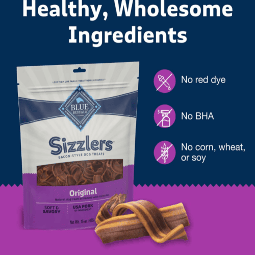 Blue Buffalo Sizzlers Original Natural Bacon-Style Dog Treats with Minerals, Soft & Savory, USA Pork, 15 oz Bag