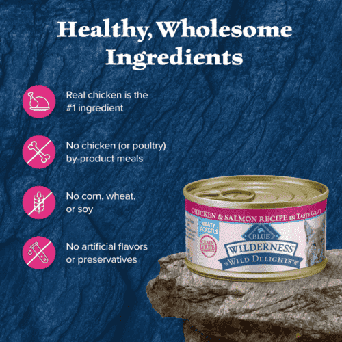 Blue Buffalo Wilderness Wild Delights, Chicken & Salmon Recipe in Tasty Gravy, Adult Wet Cat Food, Grain Free, 3 oz, Can