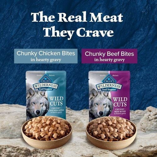 Blue Buffalo Wilderness Trail Toppers Wild Cuts Chunky Bites in Hearty Gravy, Variety Pack, Beef, Salmon, Duck & Chicken, Natural Snack for Dogs, 3 oz Pouches, 24 Count