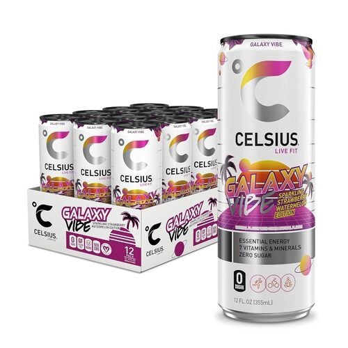 CELSIUS Galaxy Vibe, Sparkling Strawberry Watermelon Edition, Functional Essential Energy Drink, 0 Sugar, 12 fl oz, Pack of 12