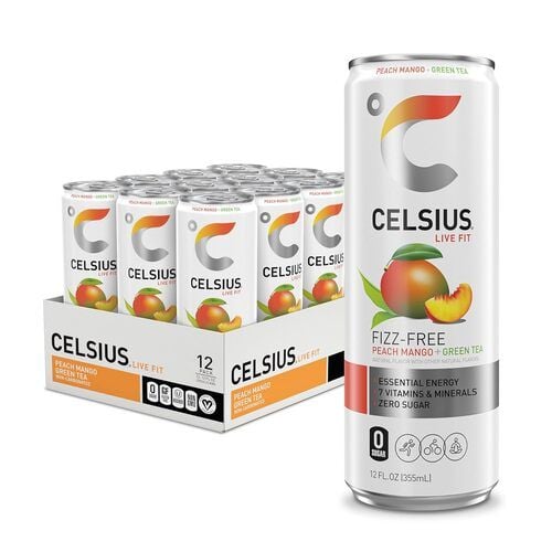 CELSIUS Functional Essential Energy Drink, Peach Mango+Green Tea, Fizz-free, 0 Sugar, 12 fl oz, Pack of 12