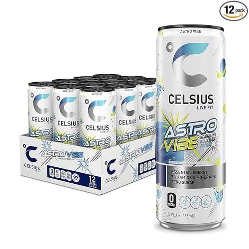 CELSIUS Astro Vibe, Sparkling Blue Razz Edition, Functional Essential Energy Drink, 12 fl oz, Pack of 12