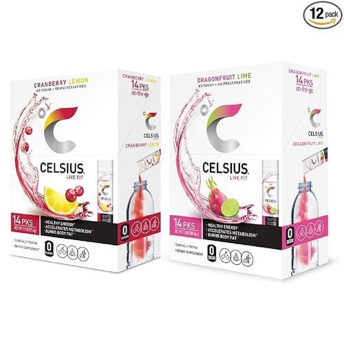 CELSIUS On-the-Go Powder Stick, Combo Pack of Dragonfruit Lime and Cranberry Lemon, 0 Sugar, 28 Piece Assortment