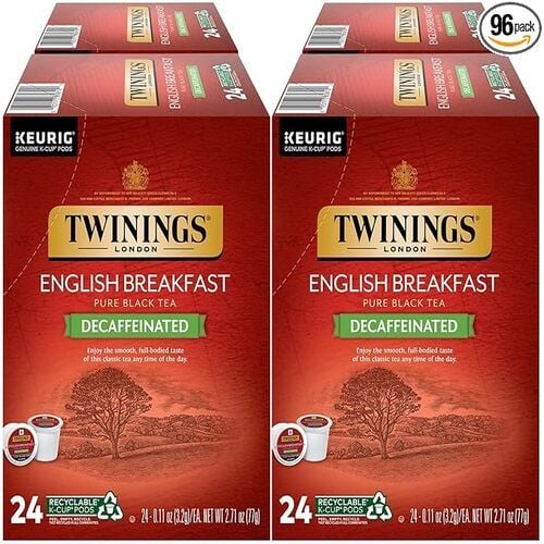Twinings English Breakfast Pure Black Tea, Decaffeinated, Recyclable K-Cup Pods for Keurig, 2.71 oz, 24 Count, Pack of 4