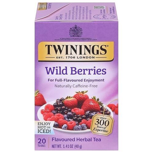 Twinings Wild Berries Flavoured Herbal Tea, Full-Flavoured Enjoyment, Naturally Caffeine-Free, Enjoy Hot or Iced, 20 Count, Pack of 1, 20 Teabags Per Box