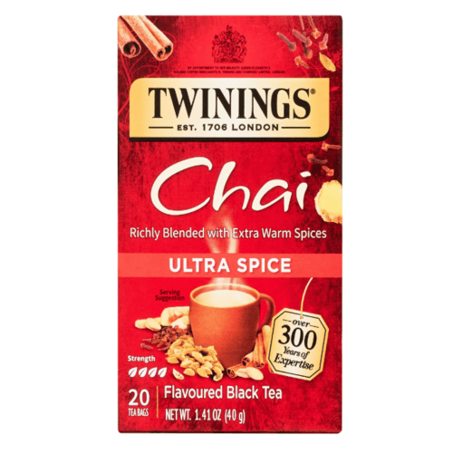 Twinings Ultra Spice Chai Tea Bags, Richly Blended with Extra Warm Spices, Flavoured Black Tea, 20 Count, 1.41 oz, Pack of 4