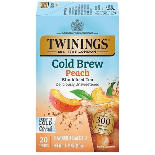 Twinings Cold Brew Peach, Flavoured Black Iced Tea, Deliciously Unsweetened, 20 Count, Pack of 1, 1.41 oz